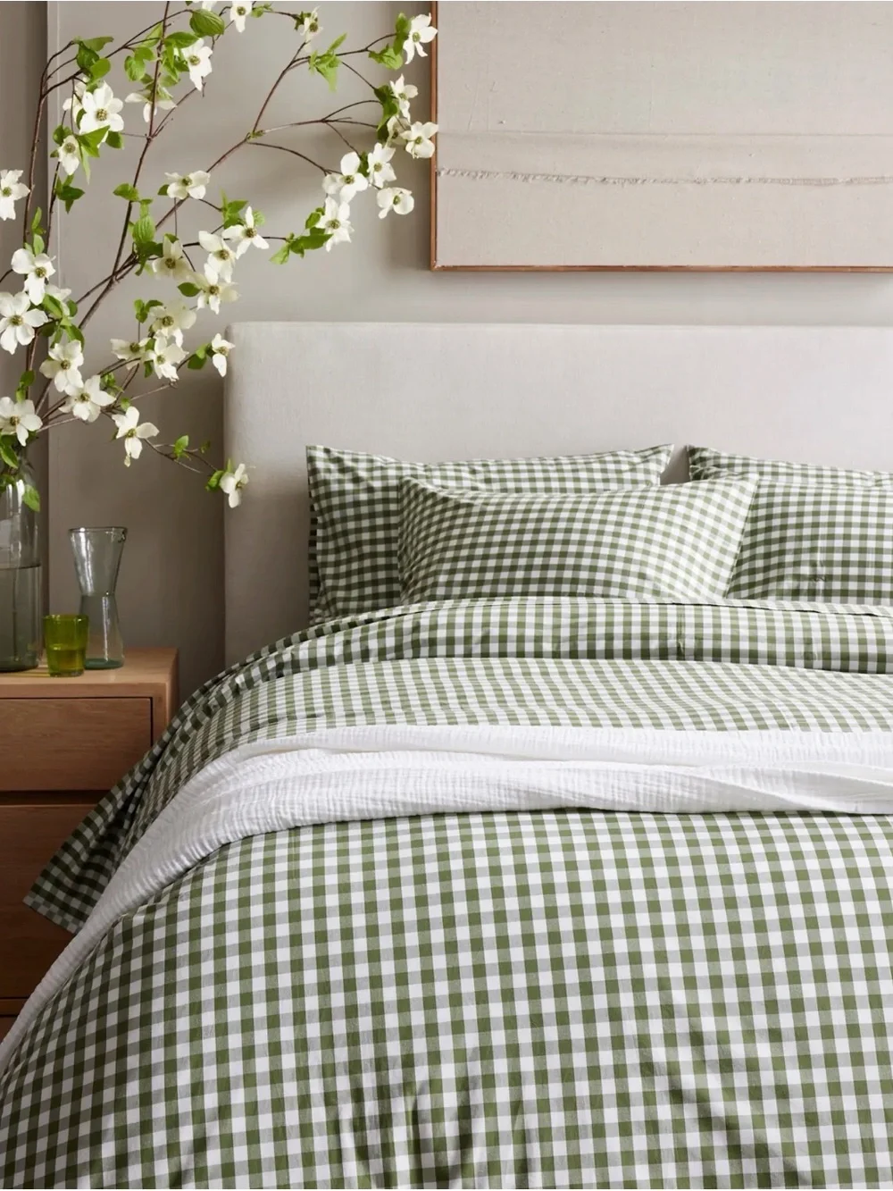 Quince Organic Cotton Percale Olive Gingham Duvet Cover Set in King/Cal King 873